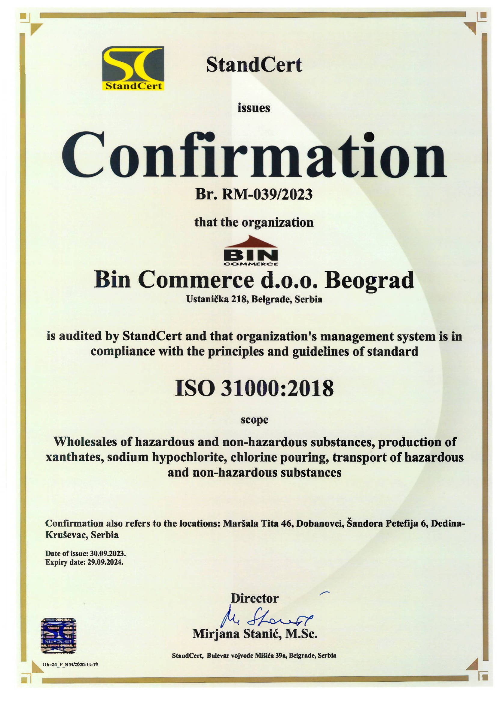 Bin commerce sertifika Srps ISO 31000