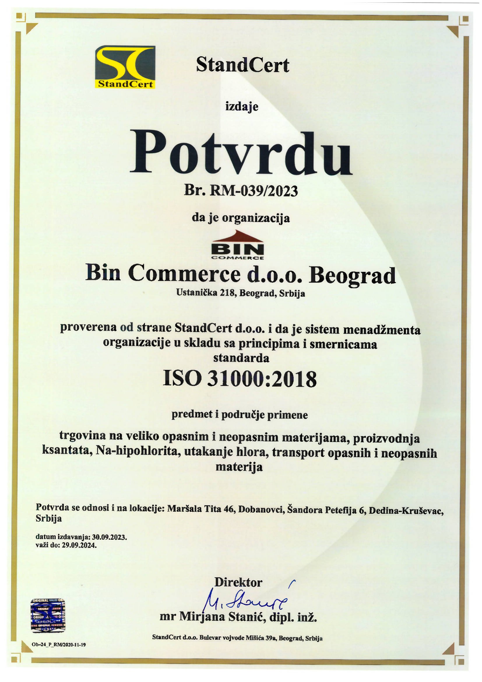 Bin commerce sertifika Srps ISO 31000