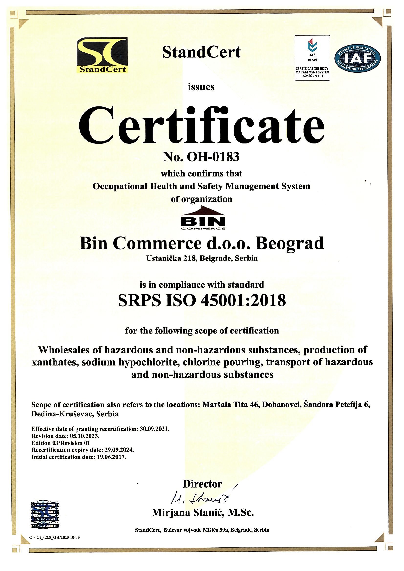 Bin commerce sertifika Srps ISO 45001