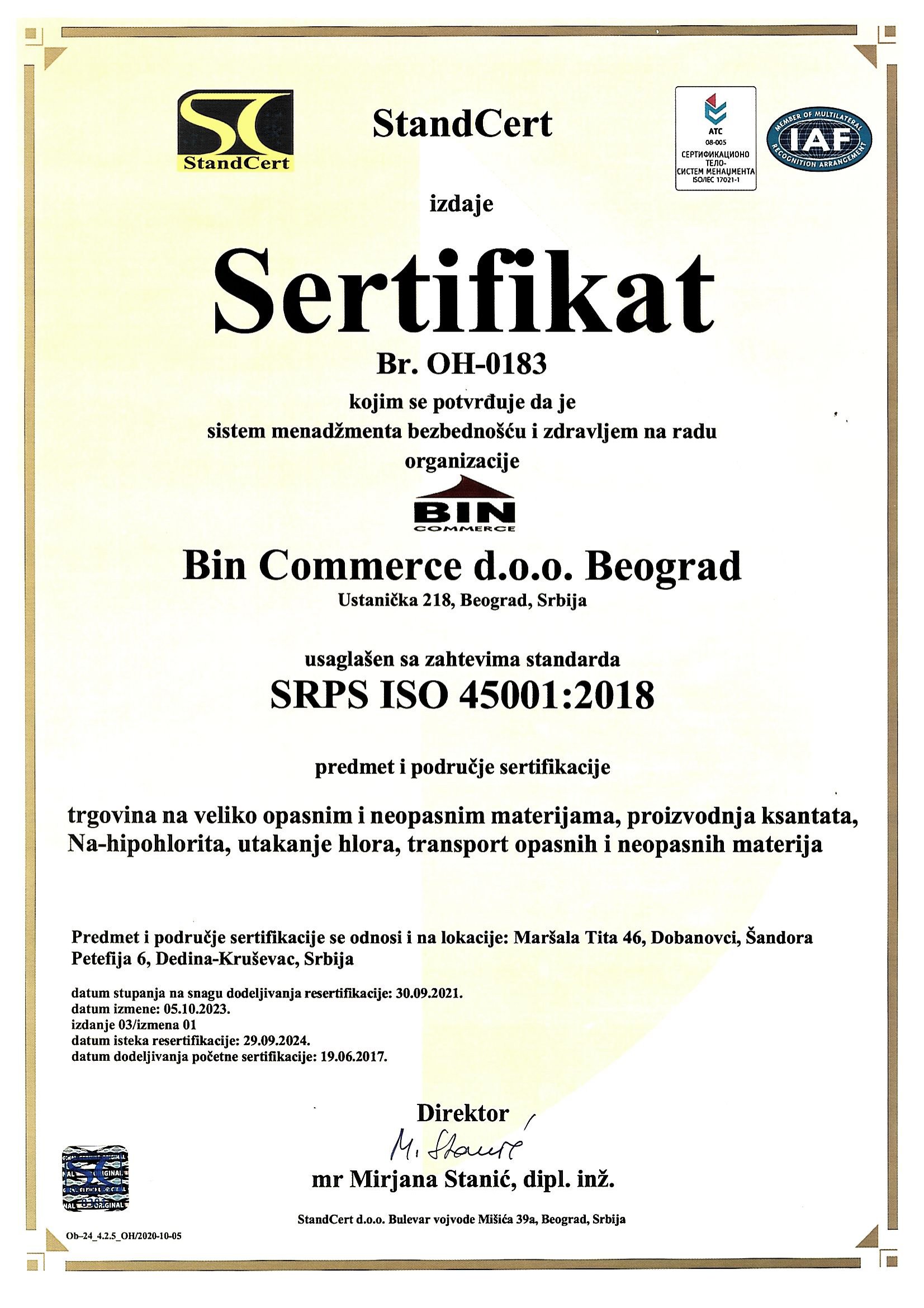 Bin commerce sertifika Srps ISO 45001