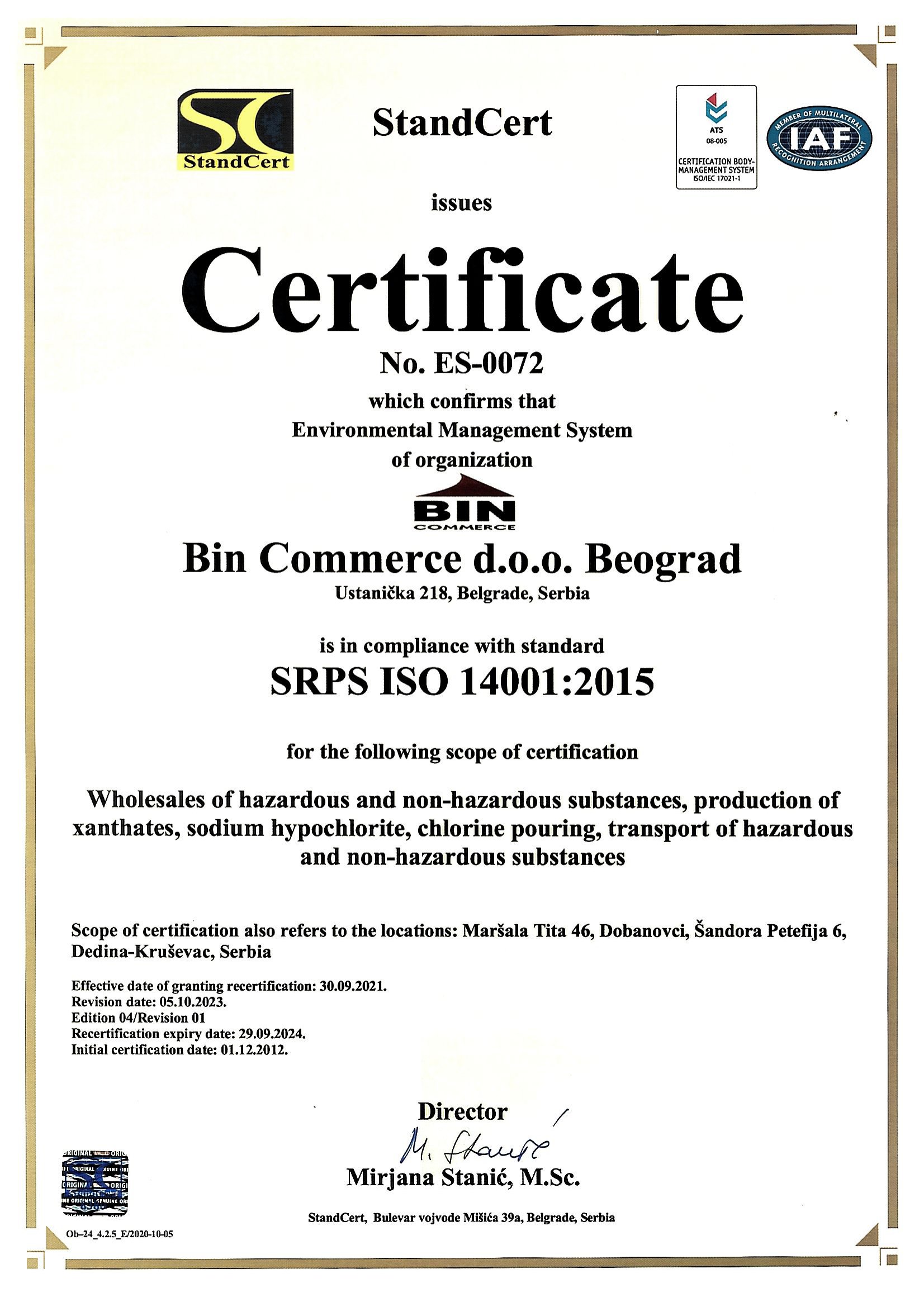Bin commerce sertifika Srps ISO 14001