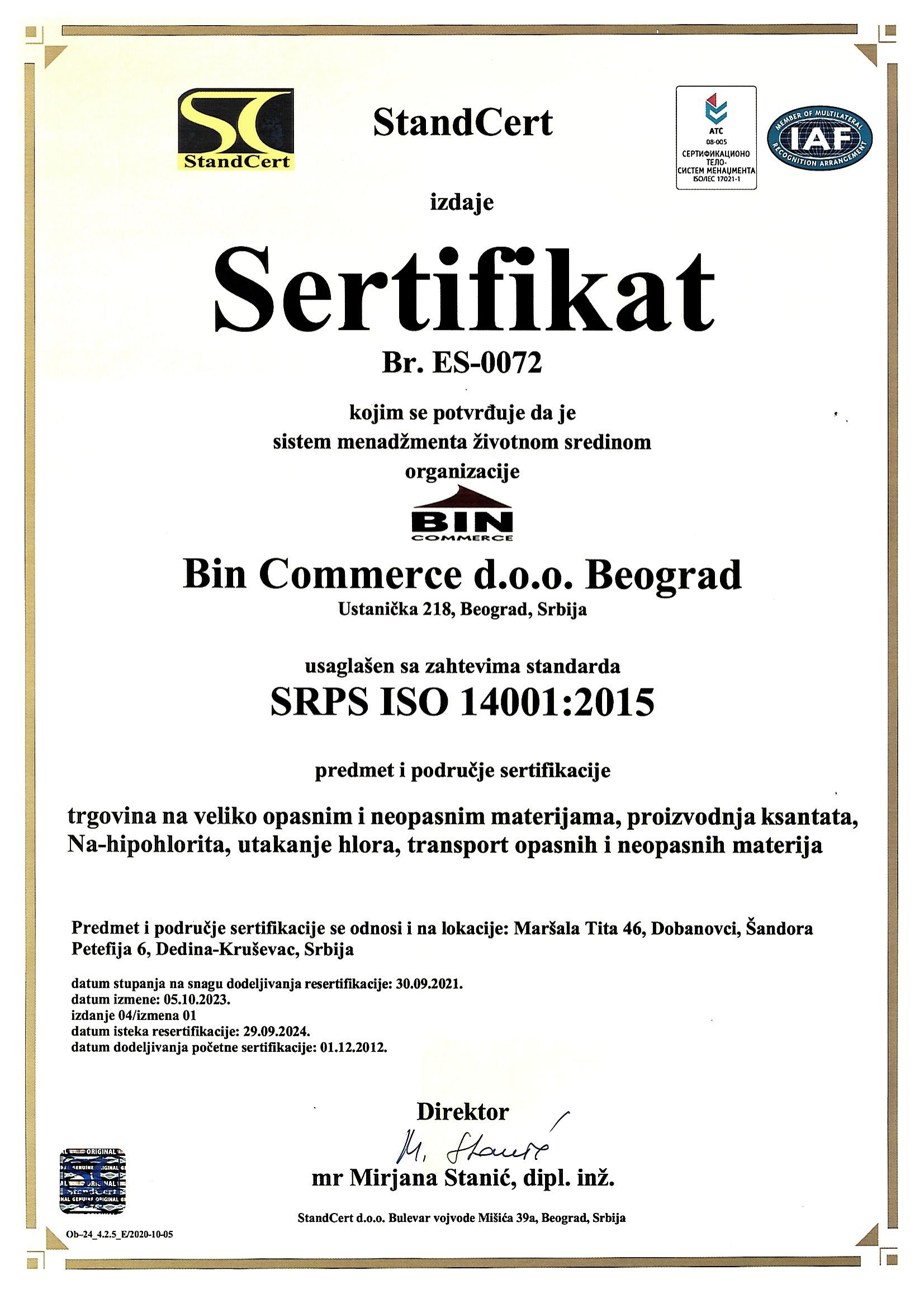 Bin commerce sertifika Srps ISO 14001