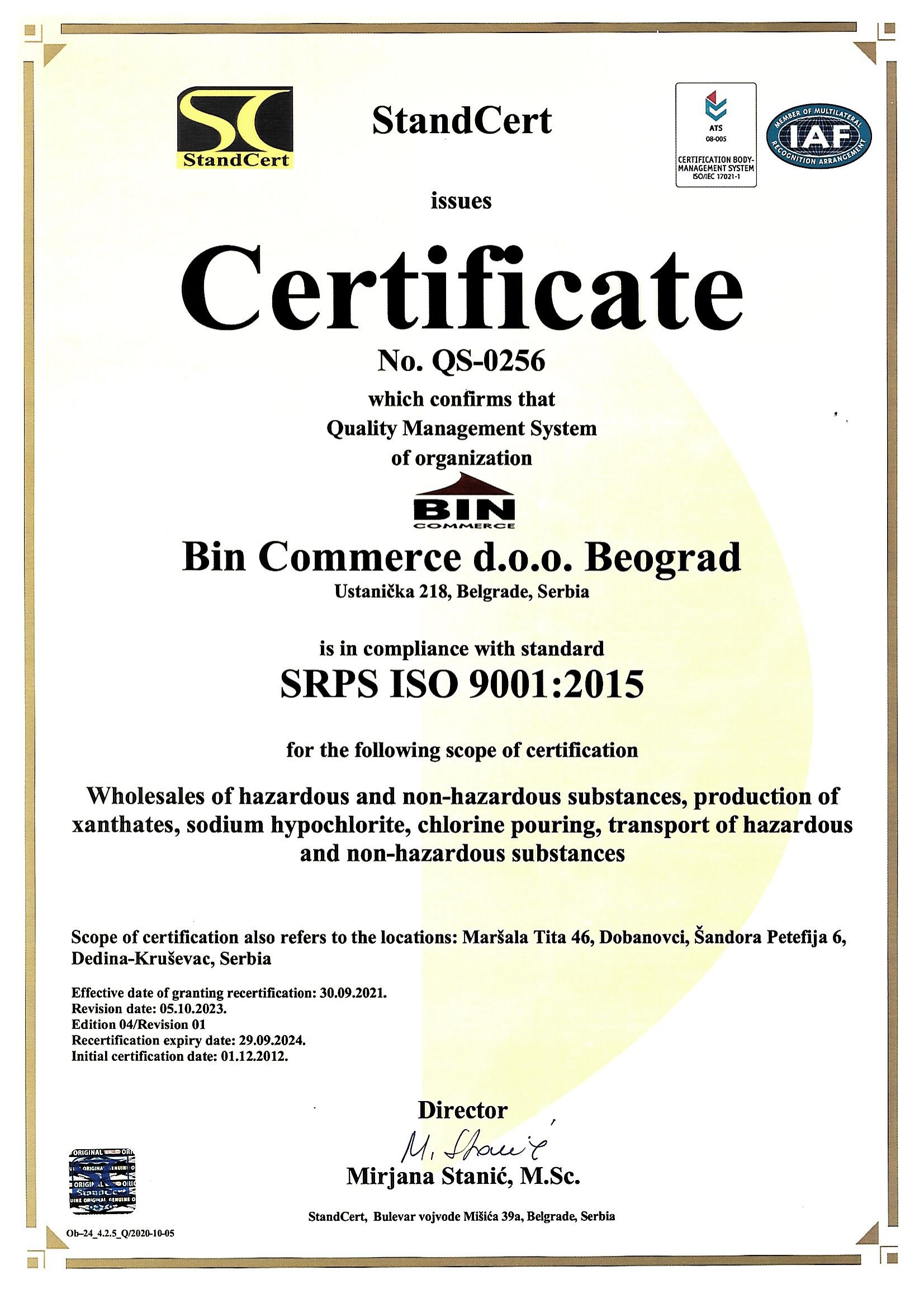 Bin commerce sertifika Srps ISO 9001