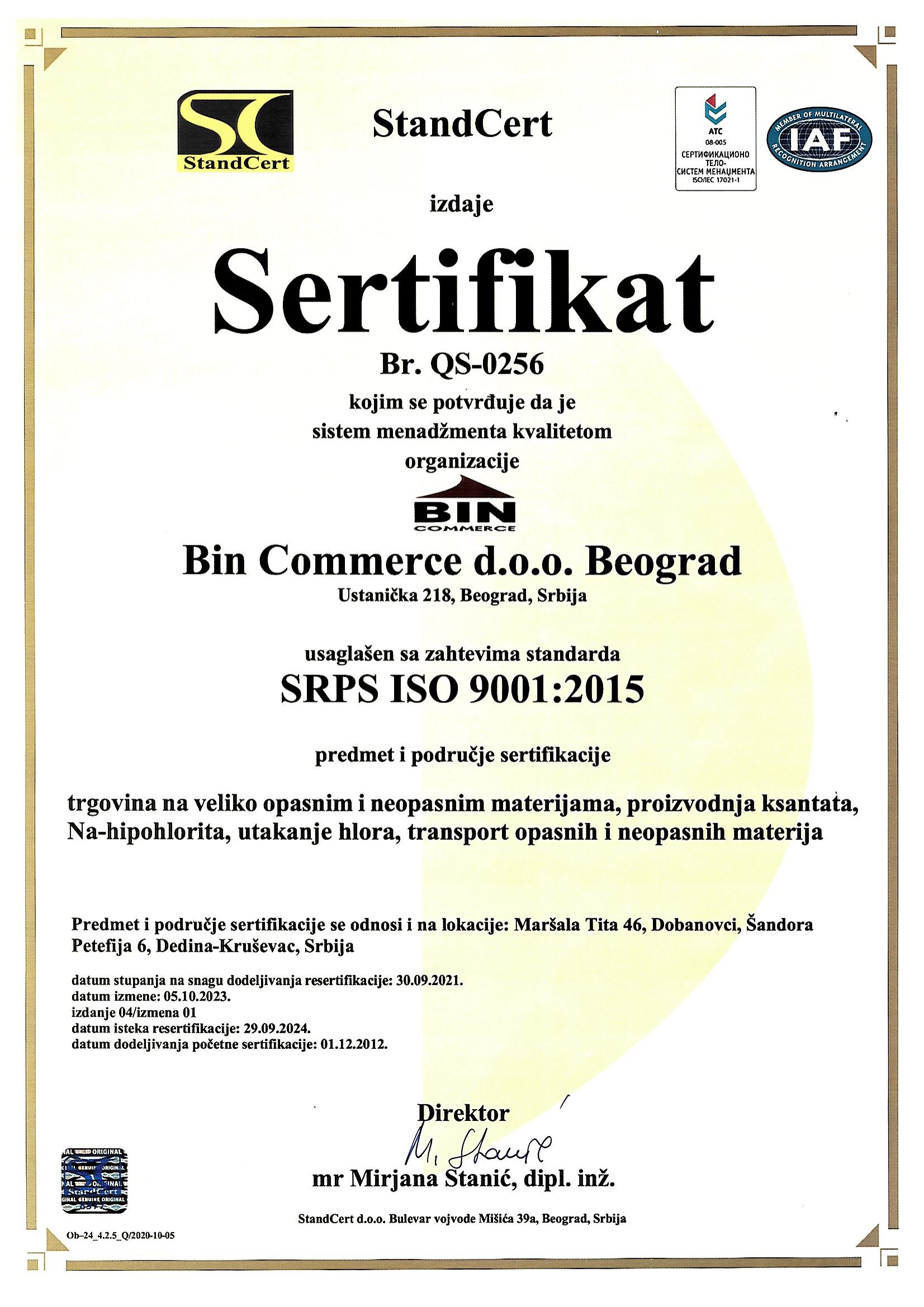 Bin commerce sertifika Srps ISO 9001